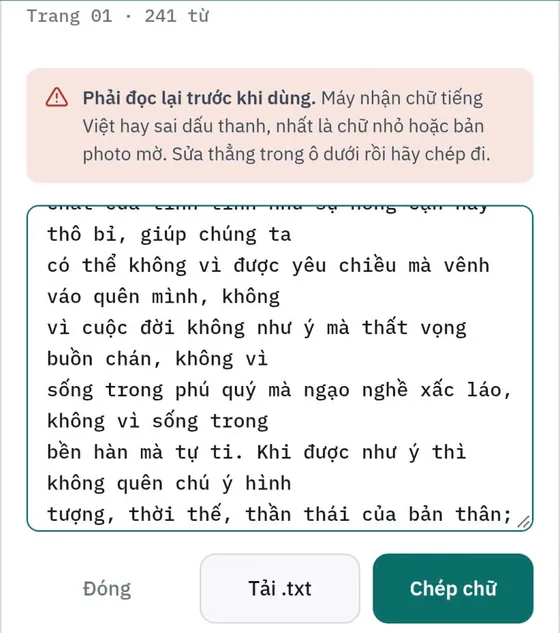 Kết quả chuyển ảnh thành văn bản tiếng Việt trên điện thoại, có chữ bị đọc sai dấu