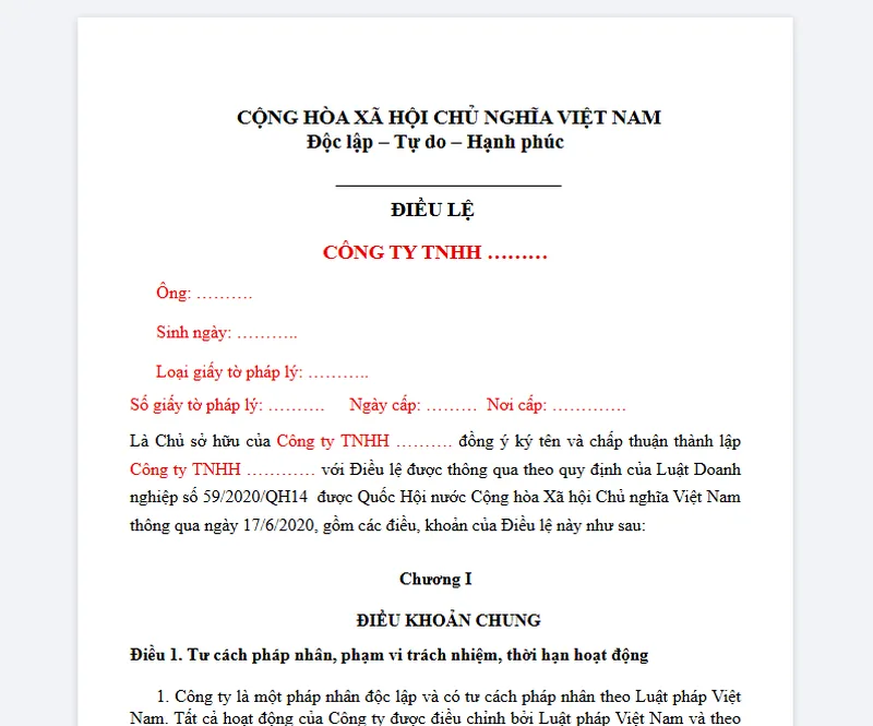 Bản xem trước khi chuyển Word sang PDF trên chuyendoifile.com: mẫu Điều lệ công ty hiện đúng phông, căn lề và màu chữ